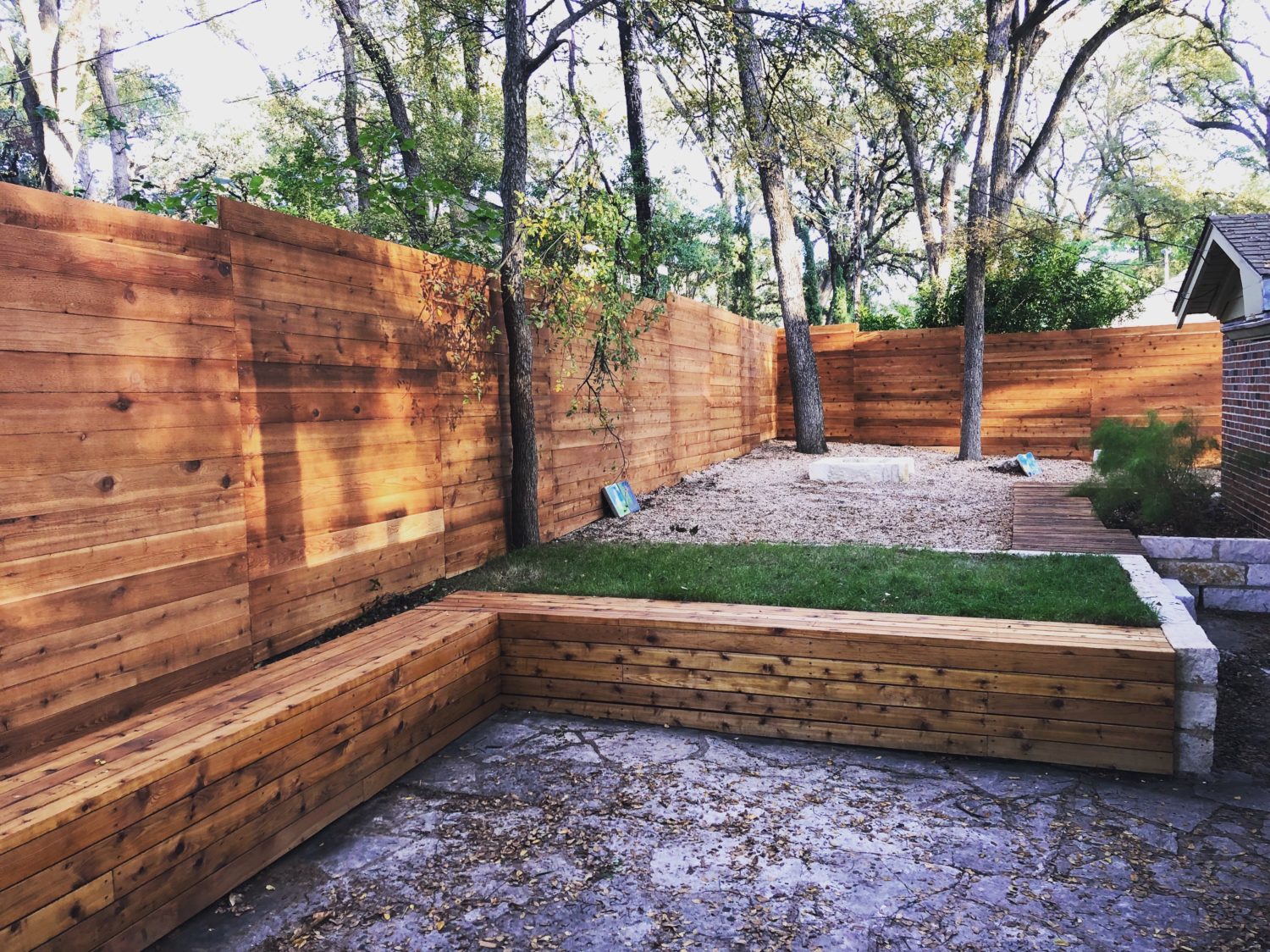 Austin landscape and design - cedar bench and boardwalk