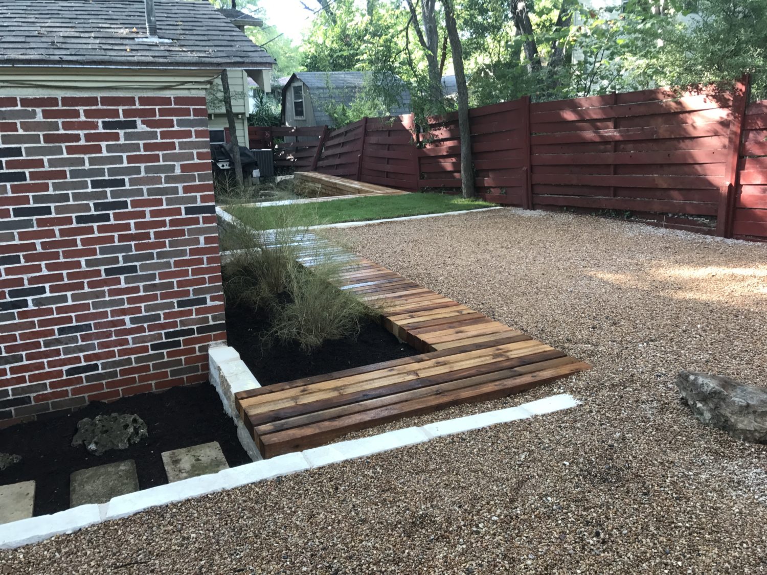 Austin landscape and design - cedar bench and boardwalk