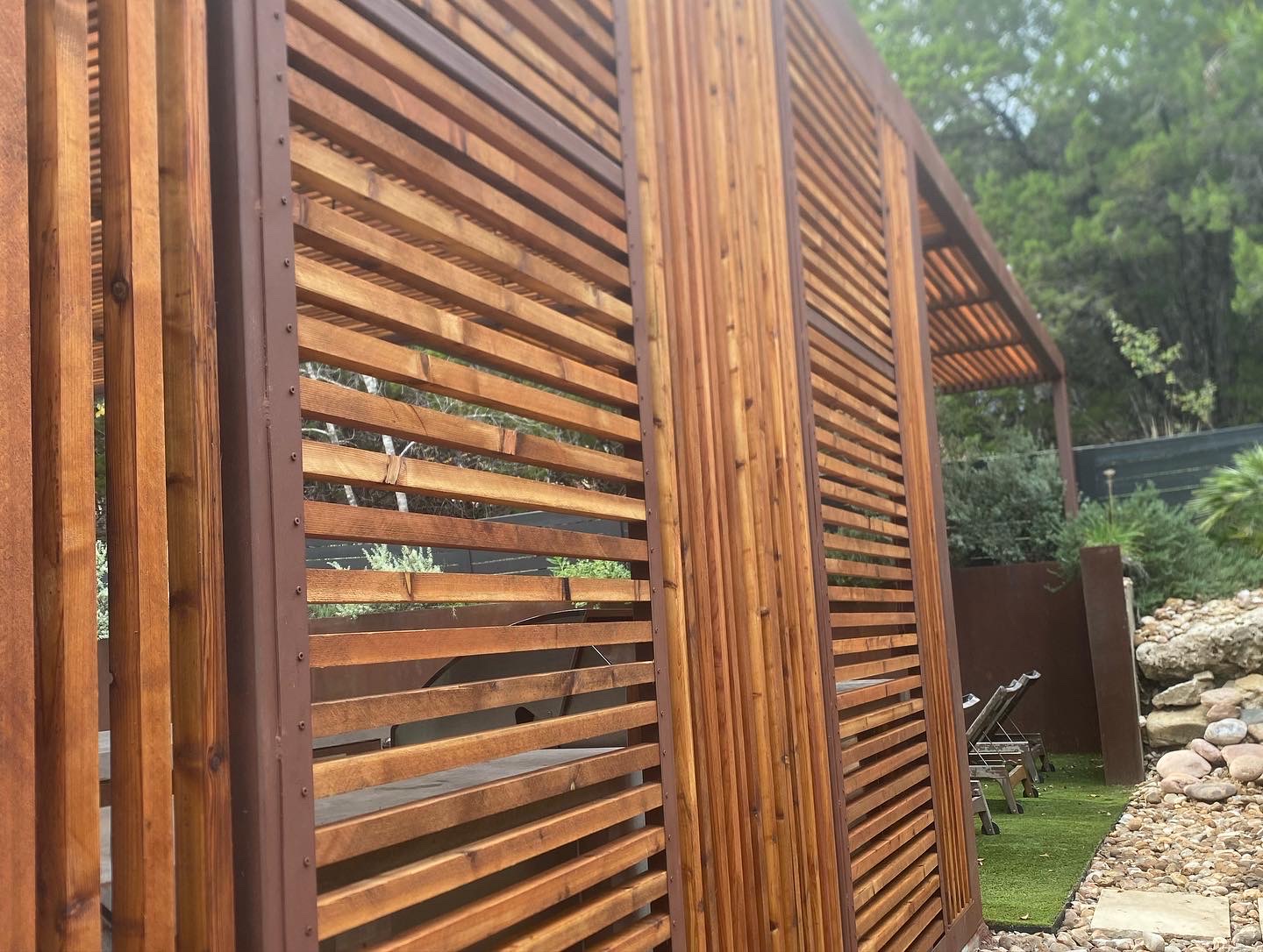 Poolside Pergola and Outdoor Kitchen. Landscape Design Austin, TX Crafted Outdoor Living