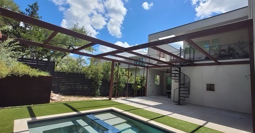 Poolside Pergola and Outdoor Kitchen. Landscape Design Austin, TX Crafted Outdoor Living