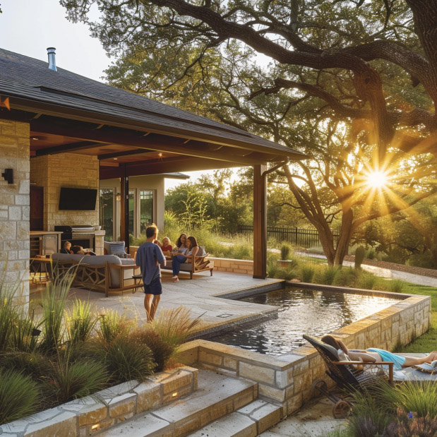 Family Enjoying New Landscape Design